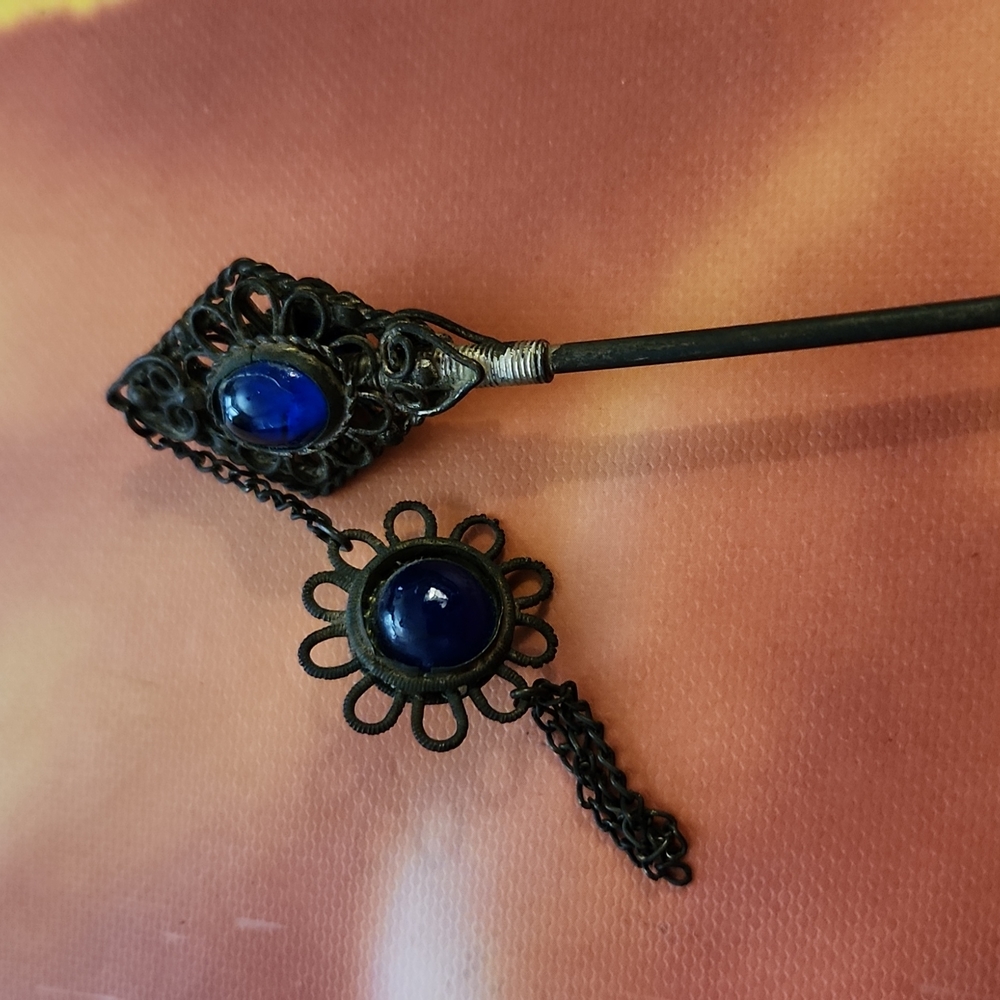 Vintage Hair Pin with Blue Cabachons